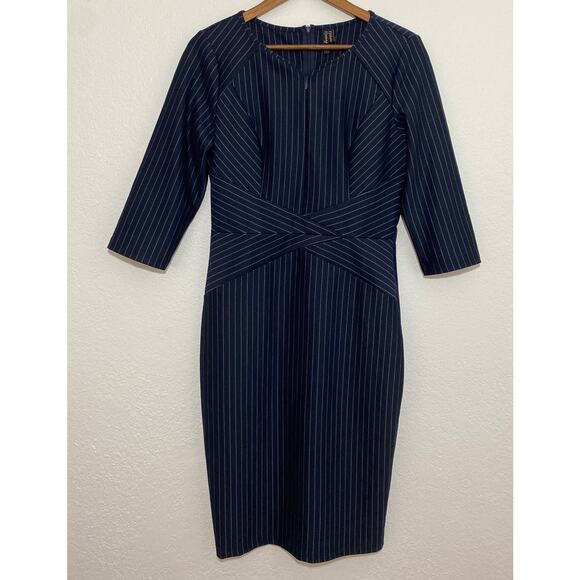 NWT Vfshow Vfemage Size M Navy Striped Sheath Dress Front Zip Dark Academia - Picture 1 of 7